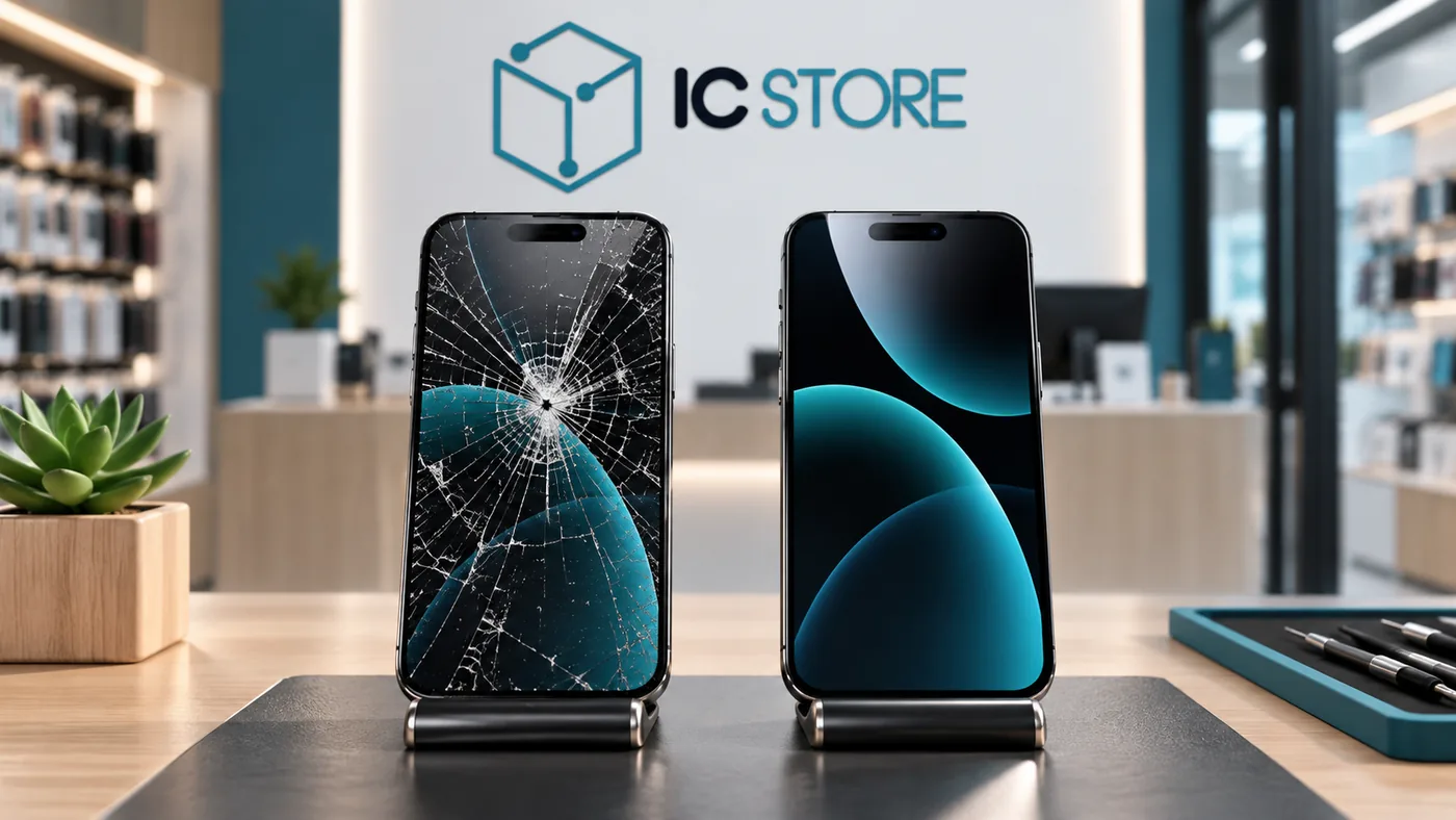 Dois smartphones lado a lado na IC Store: um com a tela estilhaçada e outro com a tela íntegra e funcionando